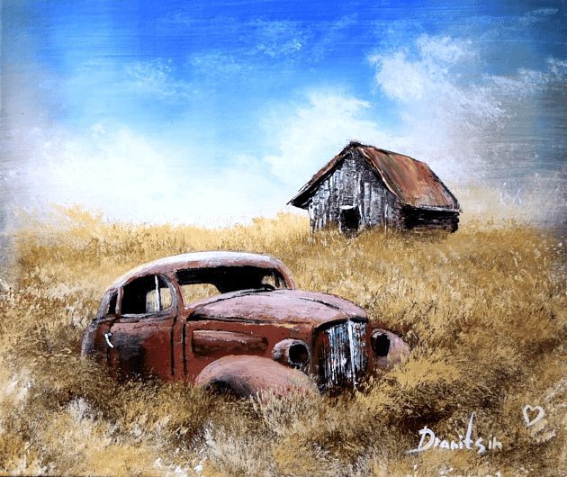 How to paint an OLD RUSTED CAR in a LANDSCAPE | EXCLUSIVE ART VIDEO TUTORIAL by Dranitsin3