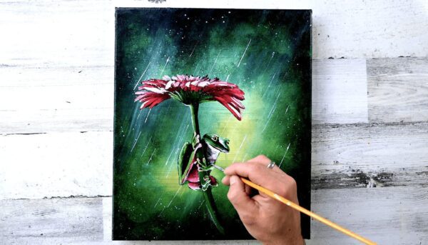 flower and frog, acrylic painting by Peter Dranitsin free online art video tutorial 01