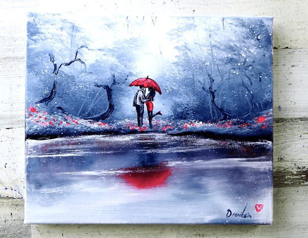 🌧️ Under the Crimson Canopy: A Romantic Acrylic Painting Techniques 🌧️