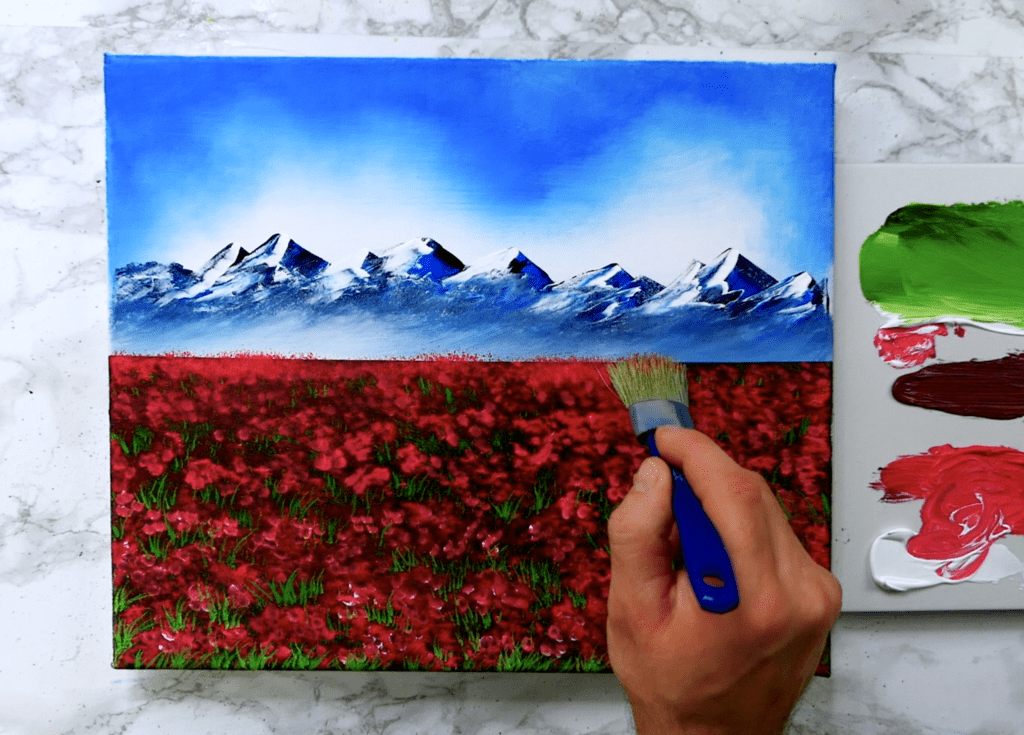 red flower field mountain view painting by Dranitsin 04