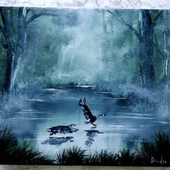 FLYING GEES, GREEN LANDSCAPE PAINTING, GREEN POND 01