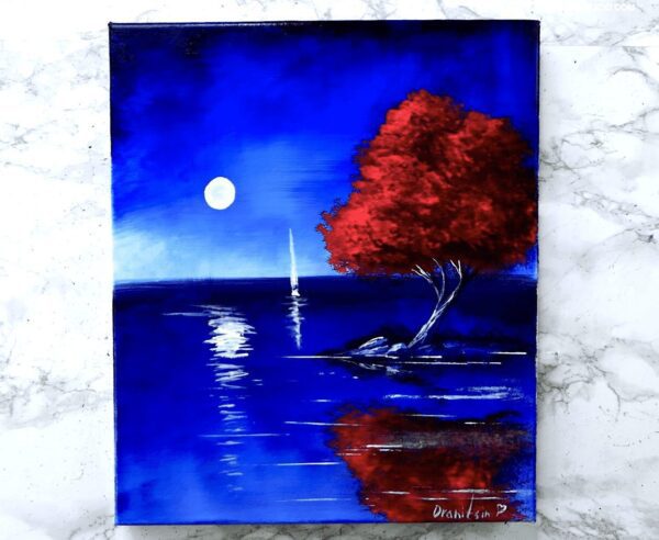 red tree white boat DRANITSIN PAINTING