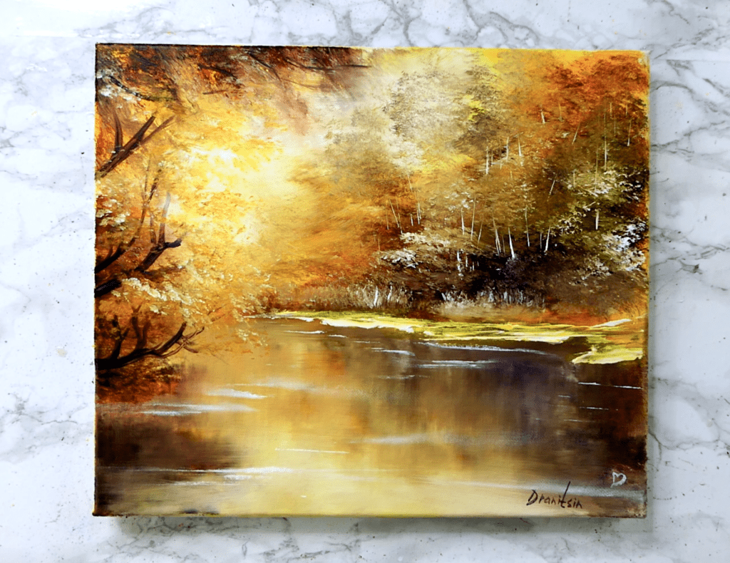 soft warm sunshine glow through trees, landscape painting, acrylics, oval brush, dranitsin 02