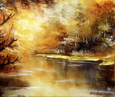 soft warm sunshine glow through trees, landscape painting, acrylics, oval brush, dranitsin 02