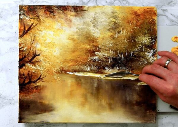 soft warm sunshine glow through trees, landscape painting, acrylics, oval brush, dranitsin 02