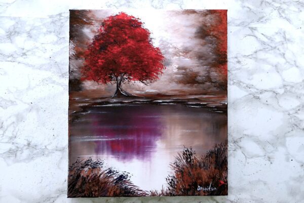 red tree by the lake painting 02