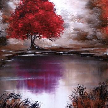 red tree by the lake painting 02