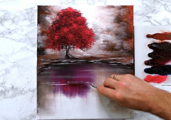 red tree by the lake painting 02