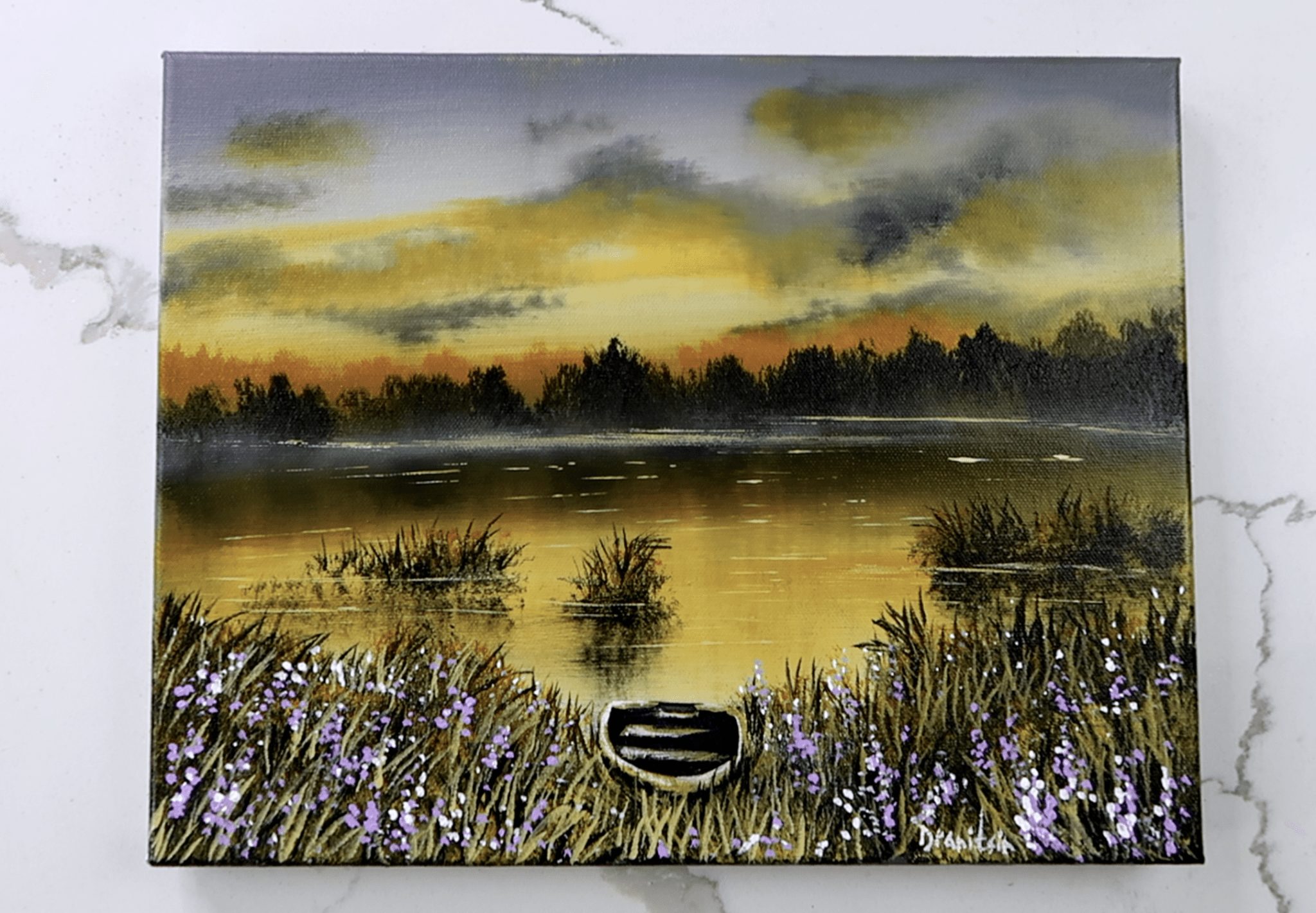 abandoned boat on the lake FADING LIGHT ACRYLIC LANDSCAPE PAINTING 1