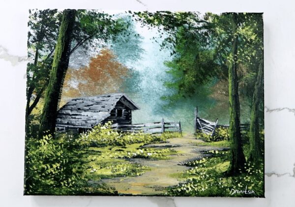 cabin in the woods acrylic landscape painting 1