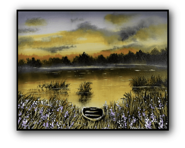 fading light lonely boat acrylic landscape painting by urartstudio.com 1