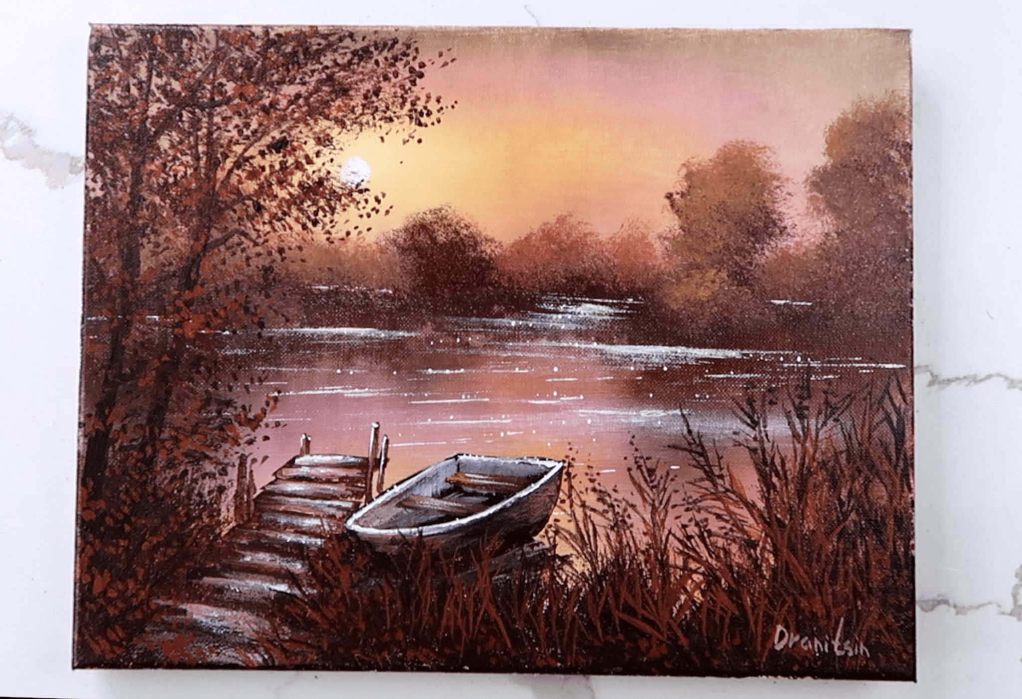 EVENING ON THE LAKE BOAT LANDSCAPE PAINTING