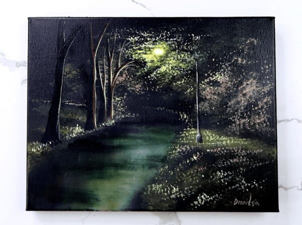 PEACEFUL NIGHT LANDSCAPE PAINTING BLACK CANVAS