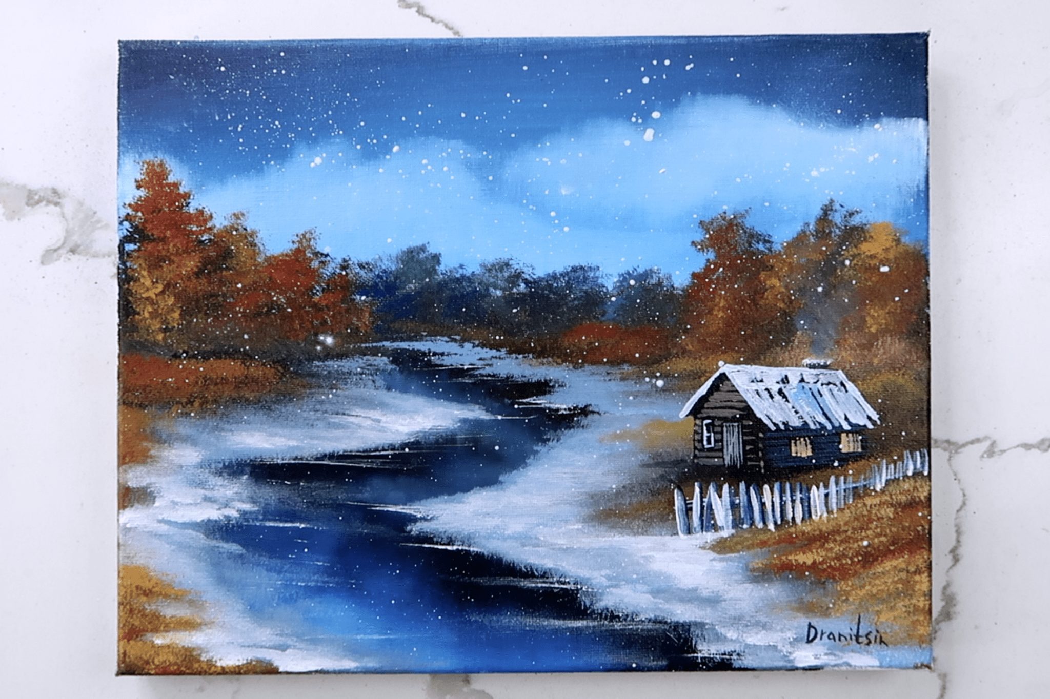 First Snow Winter Cabin Landscape Painting 2