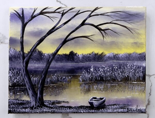 purple clouds boat big tree landscape acrylic painting 1