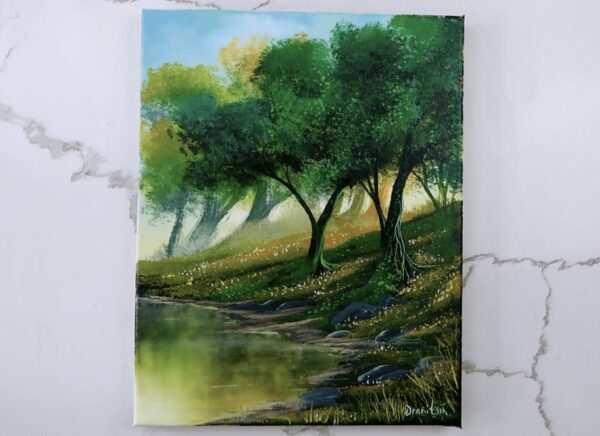 green tree on hill acrylic landscape painting 2