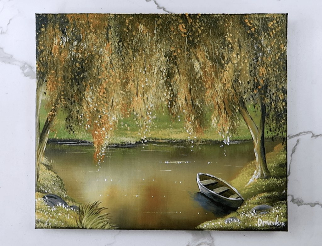 dream song acrylic landscape painting of a lonely boat under the tree