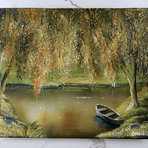 dream song acrylic landscape painting of a lonely boat under the tree