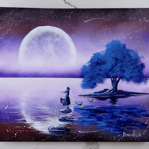 girl starring at full moon blue tree acrylic painting