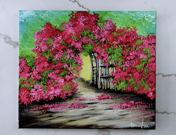 rose fence acrylic painting