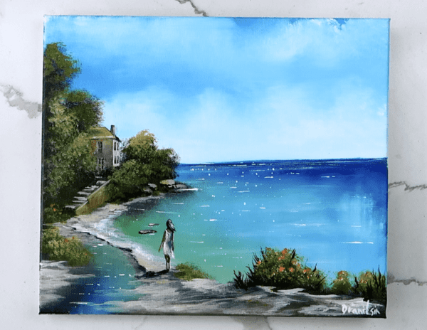 girl walking on the beach painting