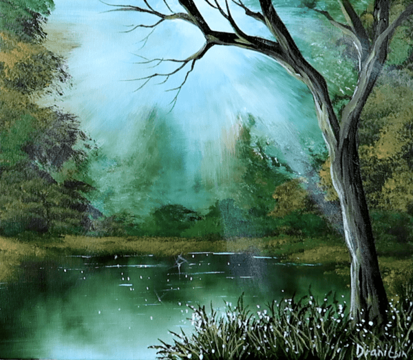 green pond naked tree ACRYLIC LANDSCAPE PAINTING