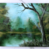 green pond naked tree ACRYLIC LANDSCAPE PAINTING