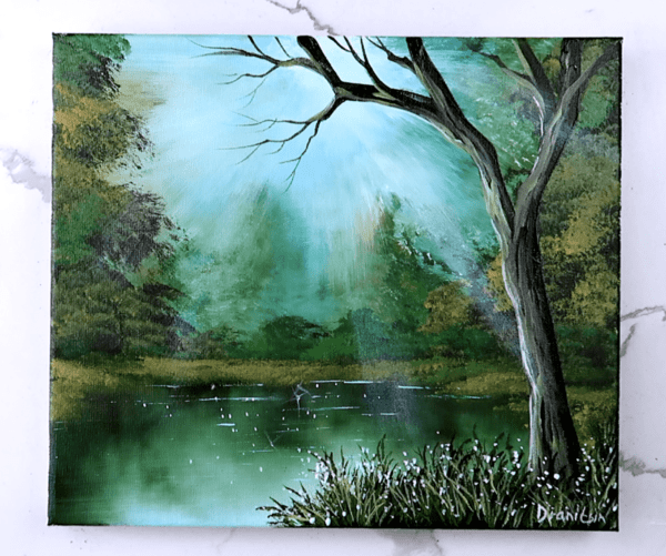 green pond naked tree ACRYLIC LANDSCAPE PAINTING