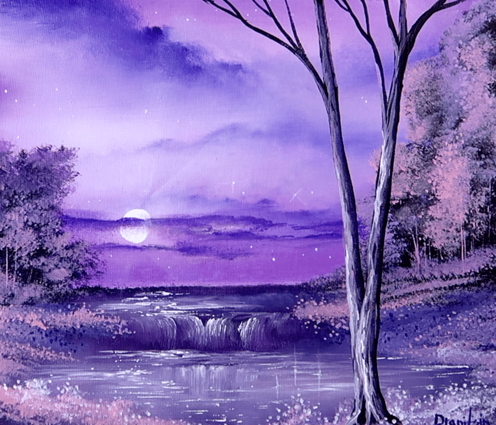 purple moonlight waterfall ACRYLIC LANDSCAPE PAINTING