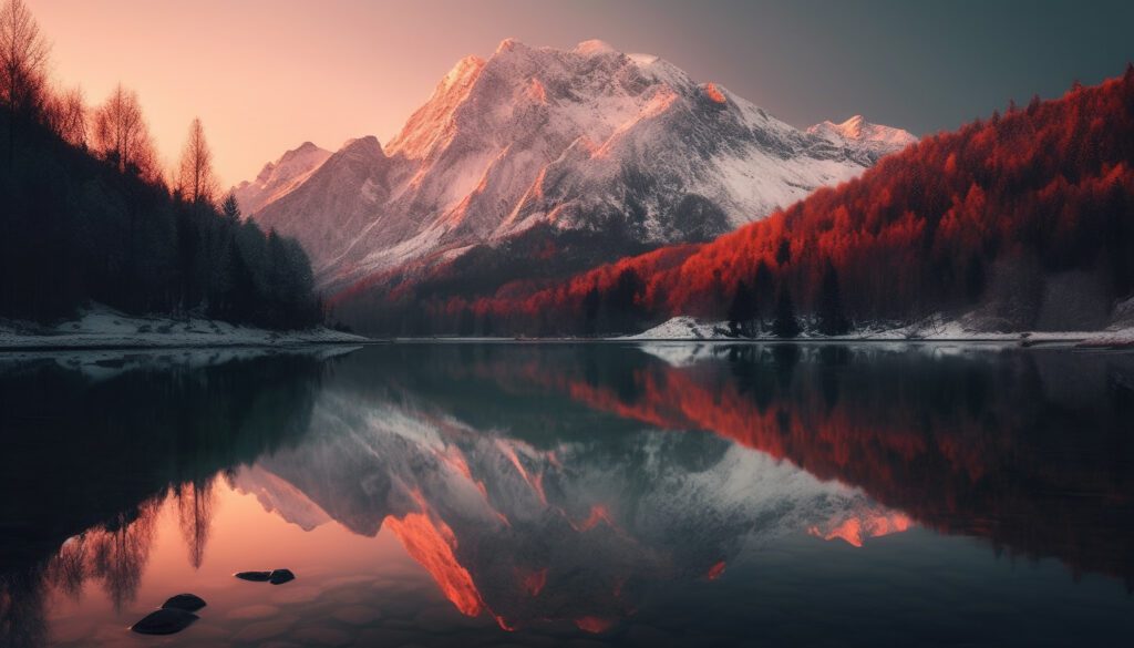 The majestic mountain range reflects in tranquil pond at sunset