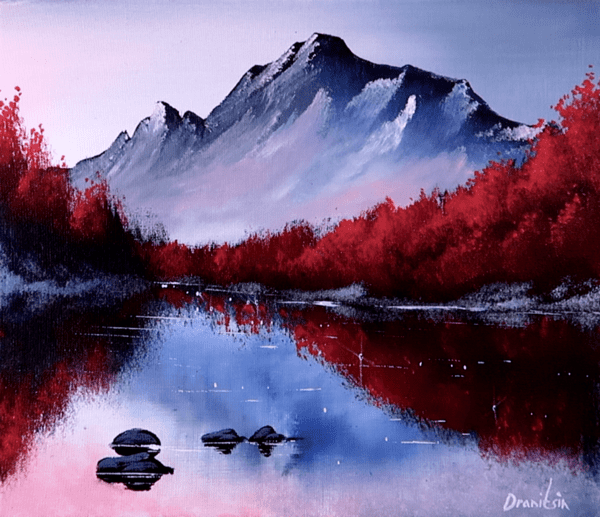 SNOW MOUNTAIN WINTER LANDSCAPE RED TREE LINE IN SUNLIGHT ORIGINAL ART