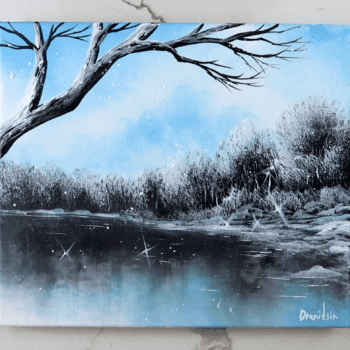 WINTER DAY BLUE SKY SNOWING LANDSCAPE 1original art