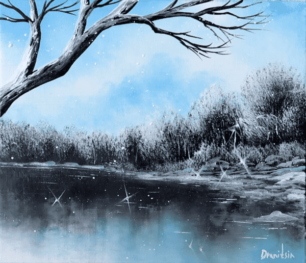 WINTER DAY BLUE SKY SNOWING LANDSCAPE 1original art