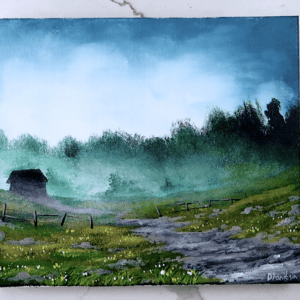 cabin in the fog ACRYLIC LANDSCAPE PAINTING