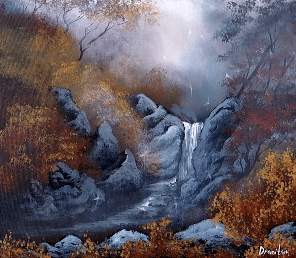 Enchanting Mist: A Step-by-Step Acrylic Painting Tutorial of a Foggy Waterfall Landscape