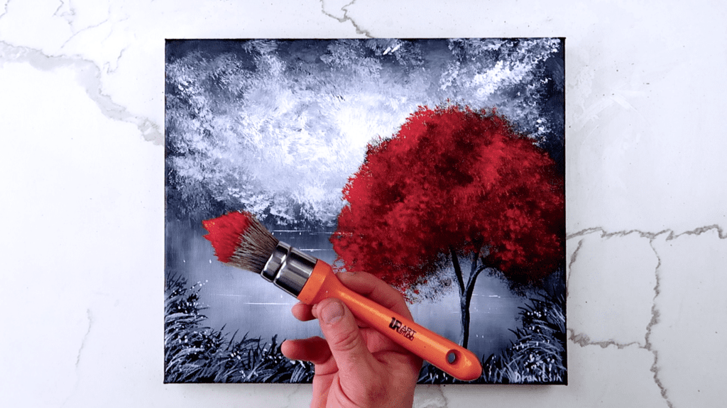 red tree black and white background acrylic abstract landscape painting