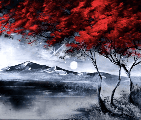 red tree distant mountain bg by urartstudio.com