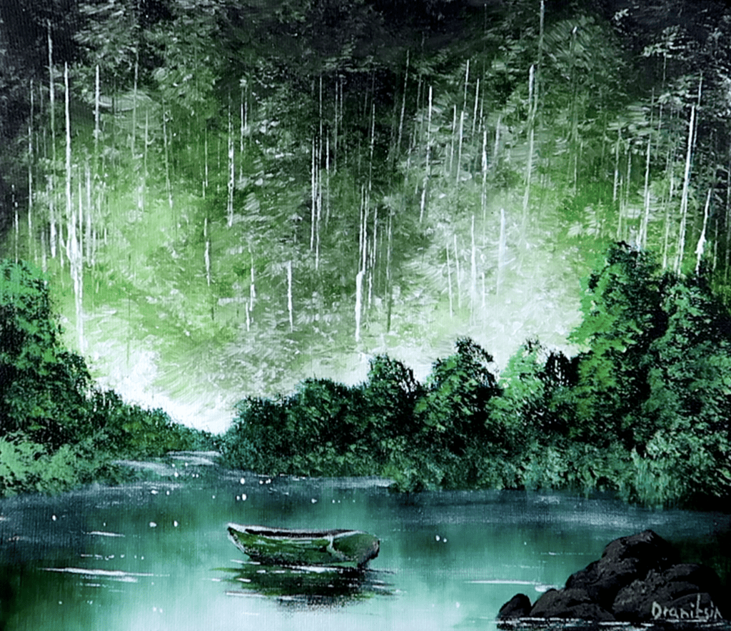 GREEN BOAT DEEP FOREST ACRYLIC LANDSCAPE PAINTING 2