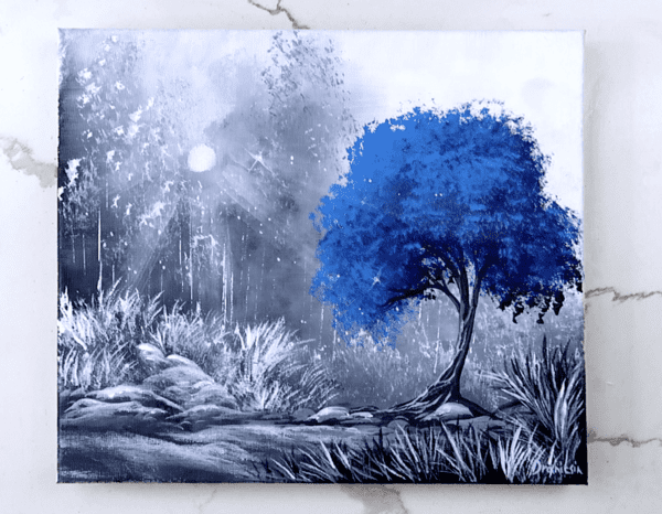 blue tree path acrylic landscape painting by urartstudio.com 2