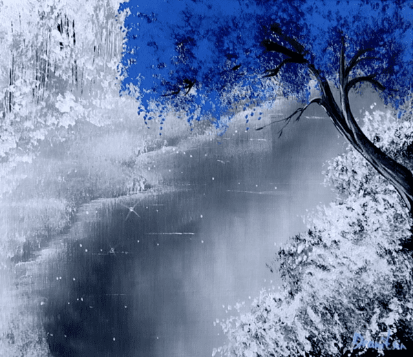 blue tree white snow acrylic landscape painting 1