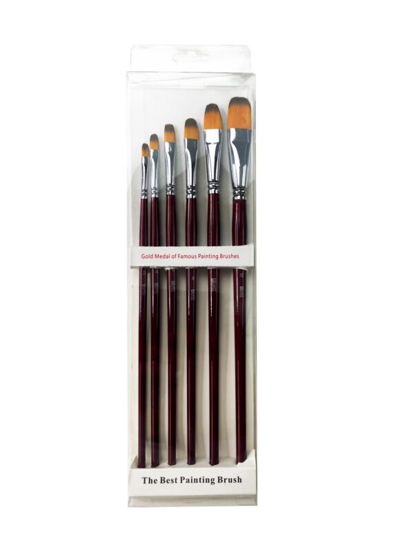 A collection of 6 Filbert paint brushes arranged neatly on a surface