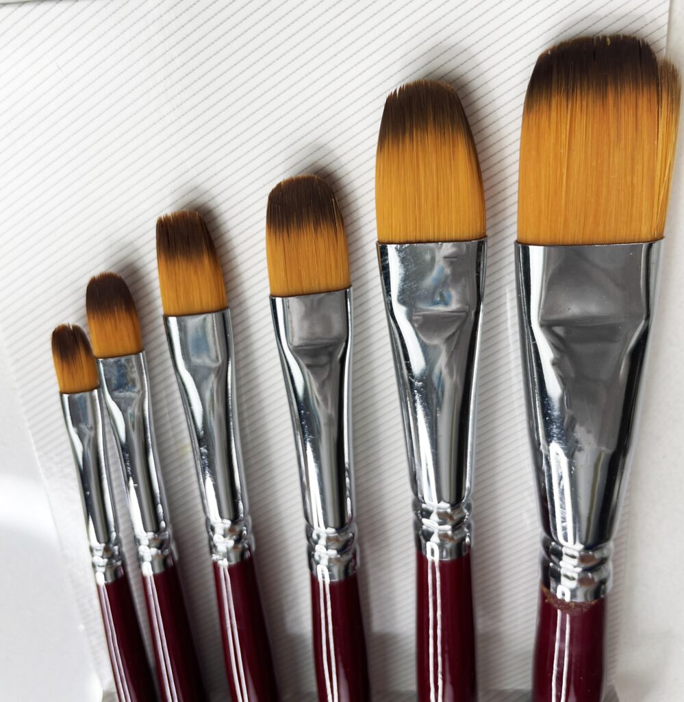 A collection of 6 Filbert paint brushes arranged neatly on a surface