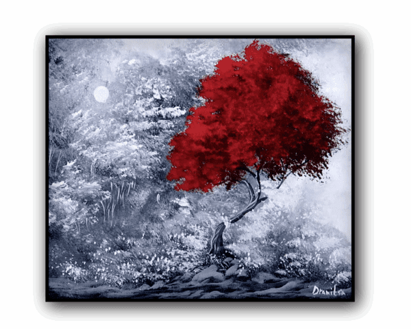 SURROUNDED BY LOVE, RED TREE IN BLACK AND WHITE LANDSCDAPE
