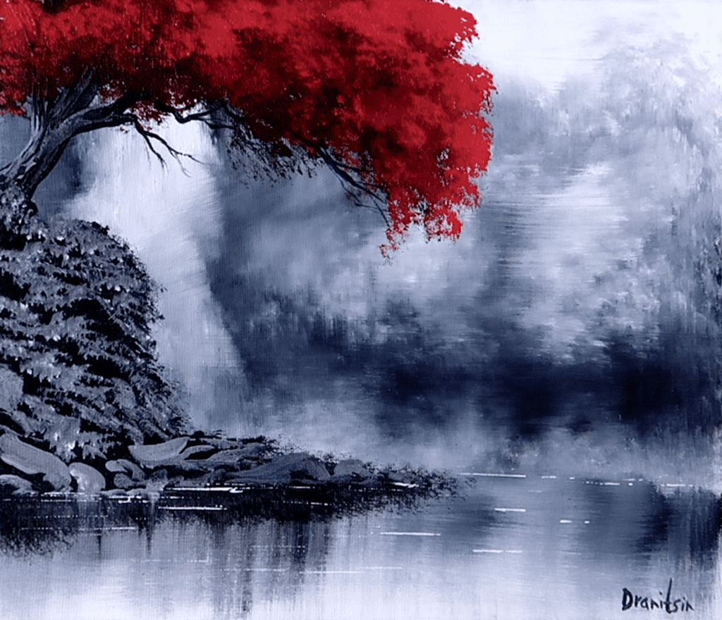 red tree black white waterfall easy landscape painting by urartstudio 2