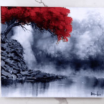 red tree black white waterfall easy landscape painting by urartstudio 2