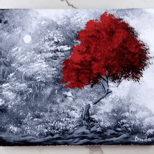 red tree hugged in tall white grass acrylic landscape painting by urartartstudio.com 2
