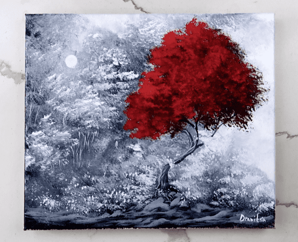 red tree hugged in tall white grass acrylic landscape painting by urartartstudio.com 2