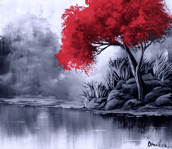 simple red tree black and white landscape acrylic landscape painting urartstudio.com 1