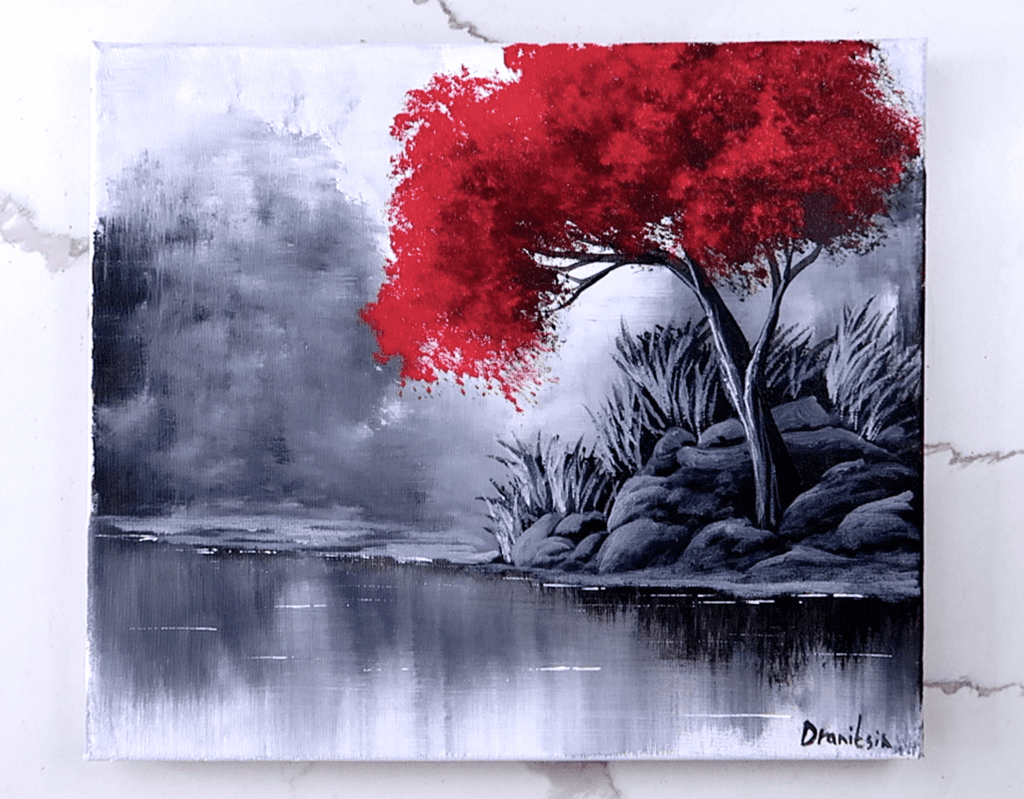 simple red tree black and white landscape acrylic landscape painting urartstudio.com 1