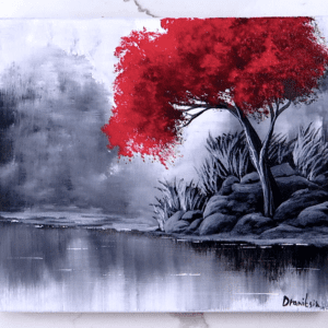 simple red tree black and white landscape acrylic landscape painting urartstudio.com 1